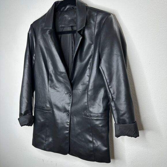 Black Leatherette 2-Button Narrow Lapel Welt Pockets Button Sleeve Blazer Medium - Picture 2 of 11